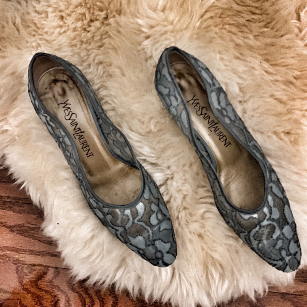 YSL Vintage Yves Saint Laurent Lace Blue Heels 7.5
